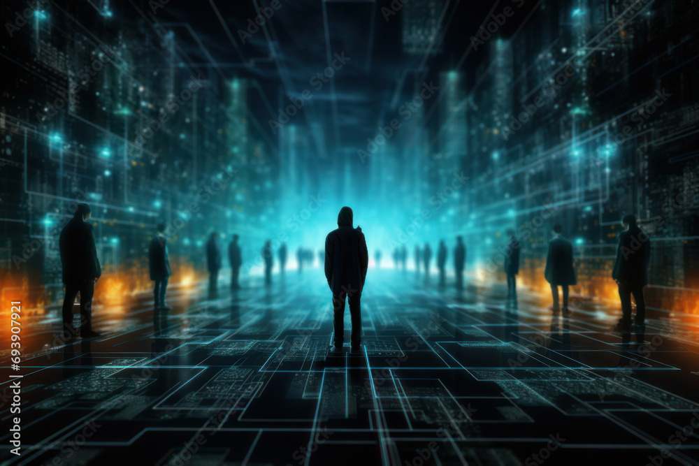 Poster cyberspace hackers navigating through a digital labyrinth of floating code and firewalls, highlighti