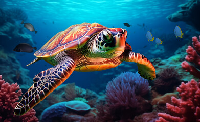 Fototapeta na wymiar turtle swims over colorful corals in the ocean, in the style of photo-realistic landscapes