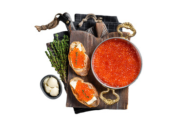 Delicious Sandwiches with fish Red caviar on wooden board. Transparent background. Isolated.