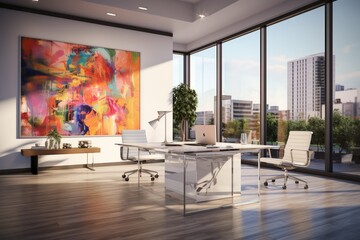 A contemporary office space adorned with abstract art, sleek furniture, and ample natural light for an inspiring work environment. - obrazy, fototapety, plakaty