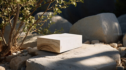 Wooden podium for product presentation in the garden. Natural stone.