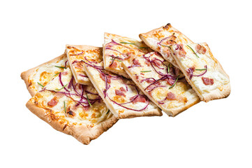 Flammkuchen or tarte flambee with cream cheese, bacon and onions.  Transparent background. Isolated.