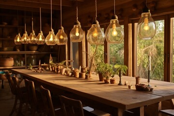 Evening glow in a rustic dining room with a long wooden table, set with handmade ceramics and lit by a cluster of vintage pendant lights - obrazy, fototapety, plakaty