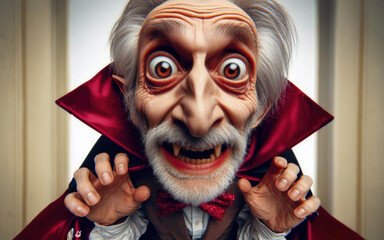 An old vampire with a beard. Ironic portrait on fisheye lens