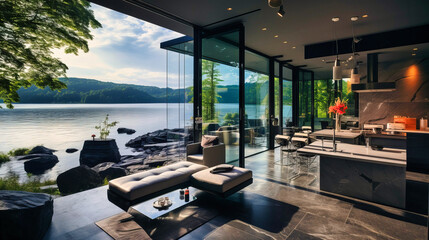 Lakefront Luxury Living with Panoramic Views, Modern Kitchen, and Sleek Contemporary Design
