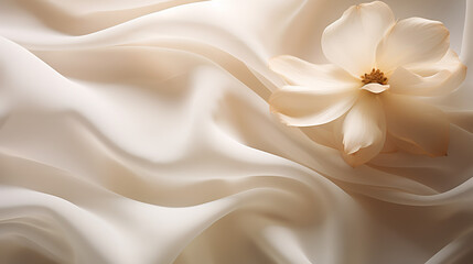 white silk fabric with a flower as a background, close-up