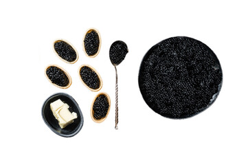 Tartlets with Sturgeon Black caviar on wooden board.  Transparent background. Isolated. - obrazy, fototapety, plakaty
