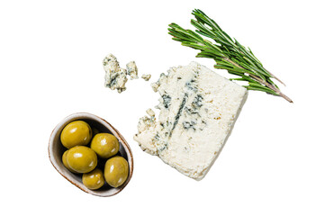 Danish blue cheese on a wooden board with olives and rosemary.  Transparent background. Isolated.