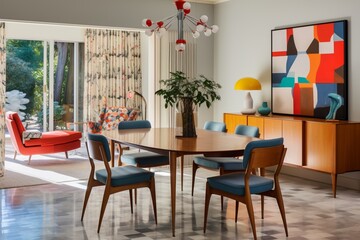 Mid-century modern dining room with iconic furniture pieces, bold patterns, and a touch of retro charm