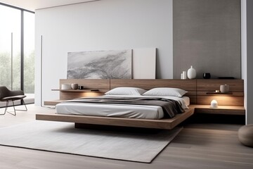 Minimalist bedroom with a platform bed, clean lines, and a neutral color scheme for a serene sleep environment - obrazy, fototapety, plakaty