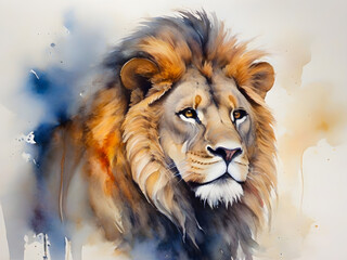 Beautiful watercolor portrait of a lion's face in close-up. Digital art. It is a symbol of power and royalty. Isolated white background