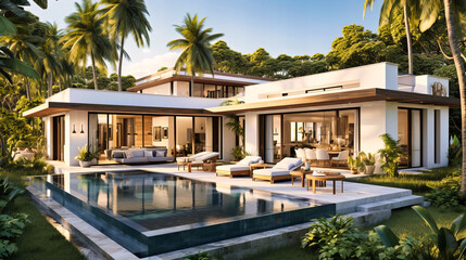 Fototapeta na wymiar Modern Tropical Villa with Infinity Pool, Lush Landscaping, and Open Plan Living Space