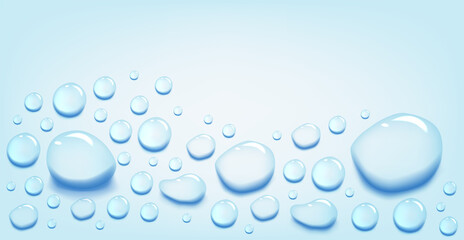 Water puddle drops set. Top view liquid splashes set, wet environment. Water spill or aqua scattered drops isolated on blue background