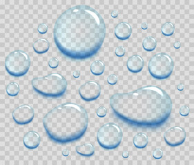 Water puddle drops set. Top view liquid splashes set, wet environment. Water spill or aqua scattered drops isolated on transparent background