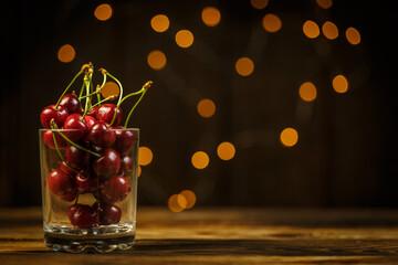 Fresh red cherry with beautiful white background with bokeh, cherry berry