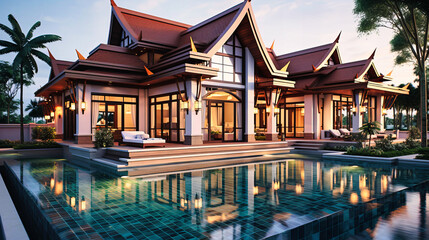 Traditional Thai Architecture Meets Modern Luxury in a Serene Poolside Villa Setting - obrazy, fototapety, plakaty