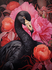 black swan surrounding by flowers