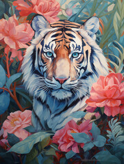 Blossom Enigma: A Blue-Eyed Tiger Amidst Florals