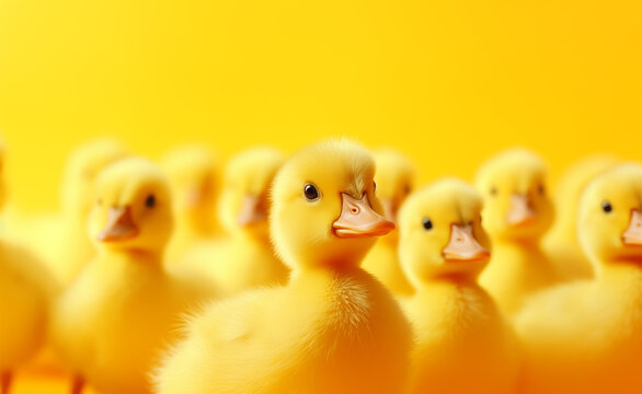 Creative animal concept, macro shot of yellow small cute ducks over yellow pastel bright background.