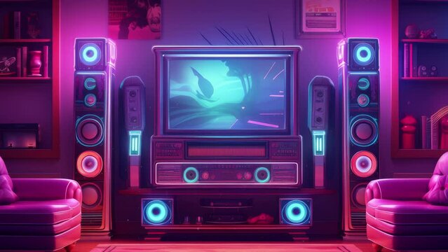 Synthwave tech Retro vintage stereo jukebox in a chill living room with neon vaporwave color mood - Seamless loop animation, created using AI Generative Technology