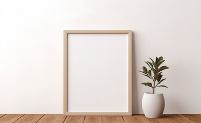 Empty mock up blank poster frame on wooden shelf. Interior design of modern living room