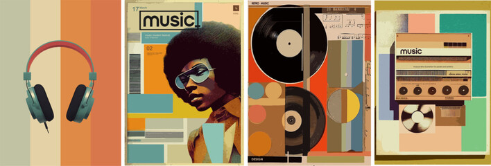 Music poster. Jazz, blues and pop. Vector illustration of collage of vinyl record, headphones, old paper and turntable for poster, background or flyer - obrazy, fototapety, plakaty
