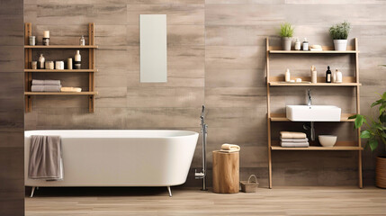 Fototapeta na wymiar Spacious and Tranquil Bathroom Design with Freestanding Tub and Wooden Storage Shelves
