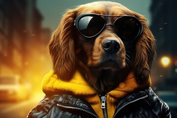 stylish dog in a yellow, orange jacket and sunglasses on a dark background. fashionable pet. brutal puppy - obrazy, fototapety, plakaty