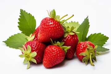 Luscious-strawberries-nestled-amid-leaves,-white-background,-real-photo,-stock-photography. AI generated