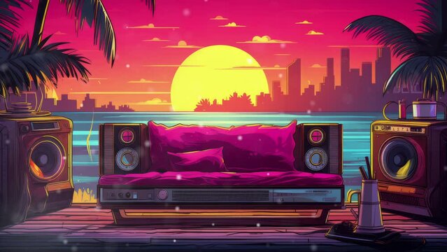 Synthwave tech Chill living room with a retro vintage stereo jukebox and neon vaporwave color mood - Seamless loop animation, created using AI Generative Technology