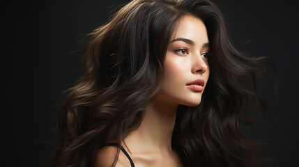 Fototapeta premium Closeup side profile portrait of beautiful Asian woman with gorgeous hair. Commercial beauty fashion jewellery template