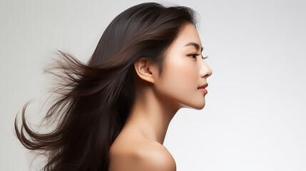 Closeup side profile portrait of beautiful Asian woman with gorgeous hair. Commercial beauty...