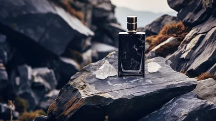 Foto op Plexiglas Mockup of a bottle of men's perfume standing on a stone © Daria17