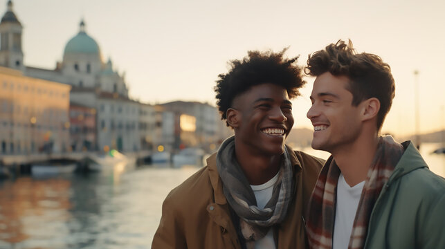 Gay friends, Celebrating Pride month, smiling and hugging, enjoying freedom, LGBTQ, Love romantic