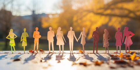 Multicolored paper people figures in sunlight. Diversity, equality concept - obrazy, fototapety, plakaty