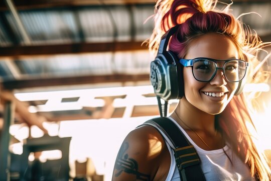 The girl works in her workshop. The concept of cyber technology