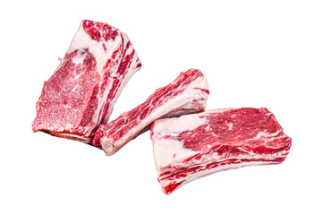 Beef calf short ribs meat in a grill pan ready for cooking.  Transparent background. Isolated.