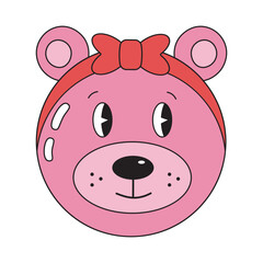Cute teddy bear girl with bow in groovy retro style. Funny pink bear icon.