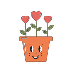 Cute flowers in shape of heart in smiling pot in retro groovy style. Smiling hippie romantic plants for Valentine day. Illustration for cards, T-shorts, cups.