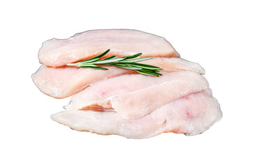 Raw sliced chicken breast fillet steaks on a marble board.  Transparent background. Isolated.