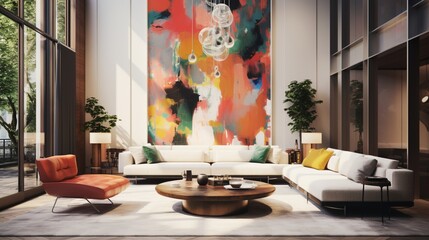 A lounge area with mid-century modern furniture, hanging pendant lights, and large-scale abstract art.