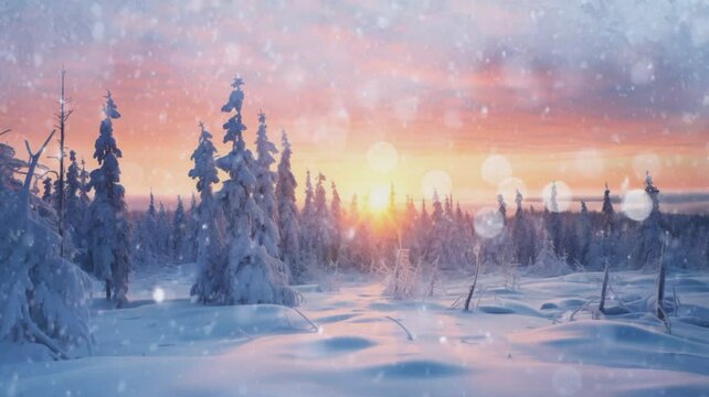 Winter landscape with snowfall in the forest amidst sunrise  Seamless looping time-lapse animation background. Generative AI