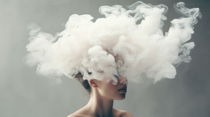 A woman with a white cloud above her head, symbolizing deep contemplation and a wandering mind amidst the misty realms of imagination.