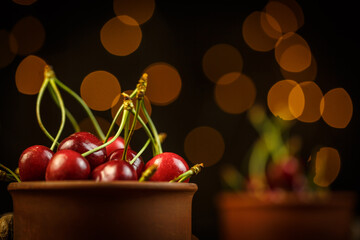 Fresh red cherry with beautiful white background with bokeh, cherry berry