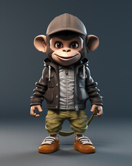 3d cartoon render, monkey wearing casual clothes,