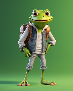 3d cartoon render, frog wearing casual clothes