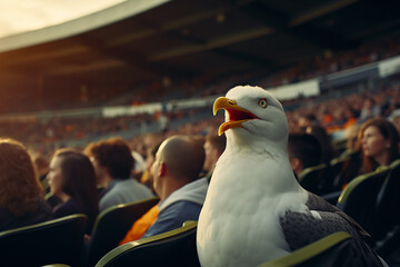  One seagulls in audience seats, football stadium,