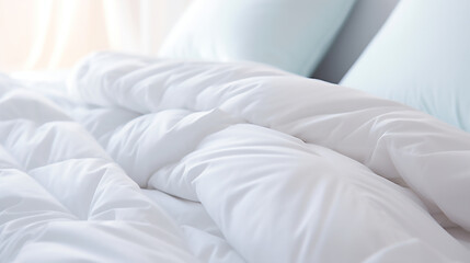 White folded duvet lying on white bed background. Preparing for winter season, household, domestic activities, hotel or home textile, Clean bed sheets 