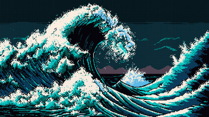 Generative ai tsunami wave sea landscape. 8Bit pixel art background. Nostalgic captivating game scene bring to life the power and beauty of splashing waves formed by powerful oceanic disturbances - obrazy, fototapety, plakaty