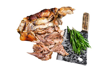 Roasted and cut German pork knuckle eisbein meat on a wooden board with meat cleaver.  Transparent background. Isolated.